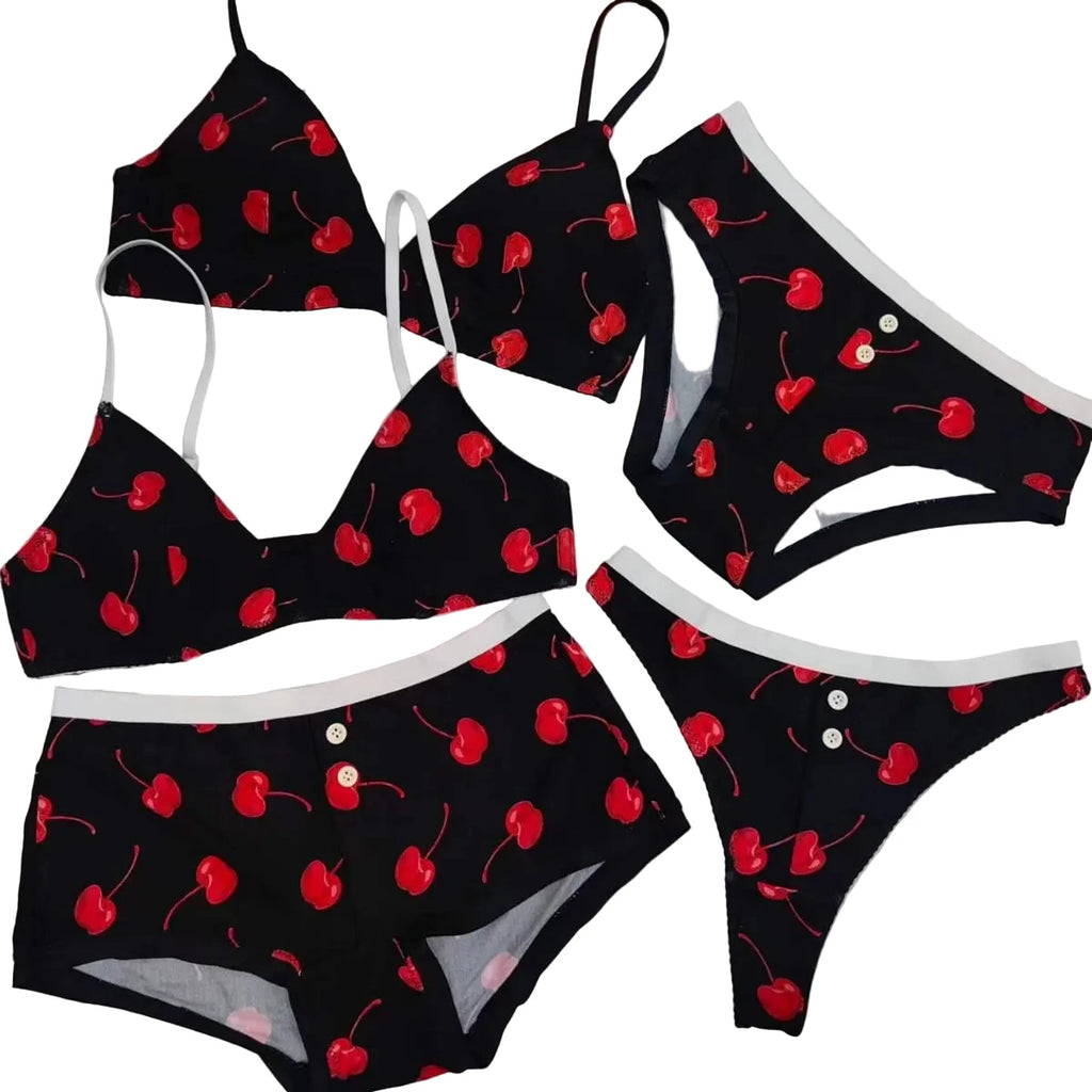 Playful Cherry Print Wire-Free Triangle Bralette and Panty Set