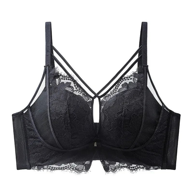 Intricate Lace Overlay Wire-Free Push-Up Bra with Criss-Cross Strapping