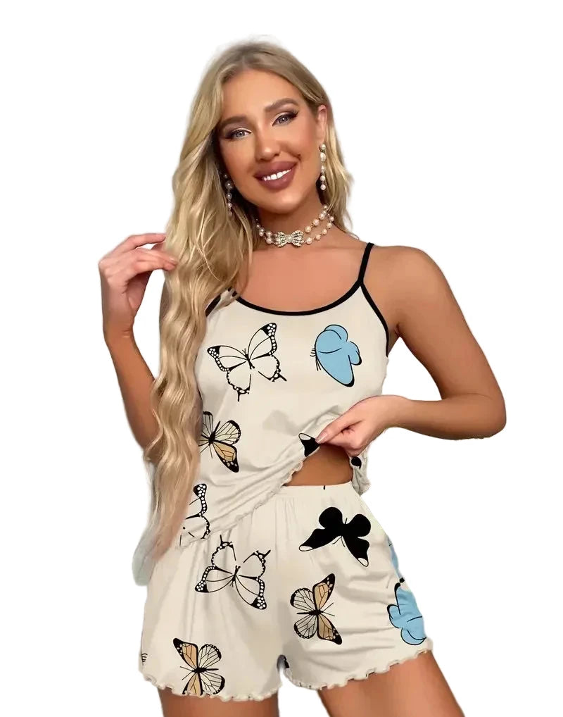 Women's Butterfly Print Cami and Shorts Pajama Set with Lettuce-Trim Edging, Adjustable-Style Straps and Elastic Waist