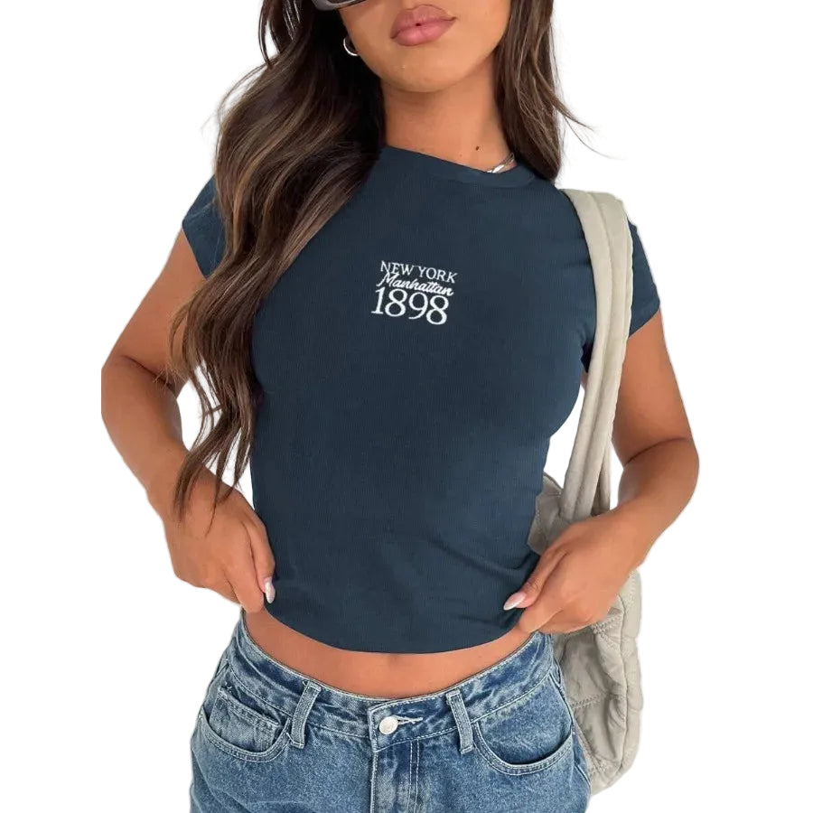 Ribbed Crop Tee with Minimal Typography Detail and Fitted Streetwear Style