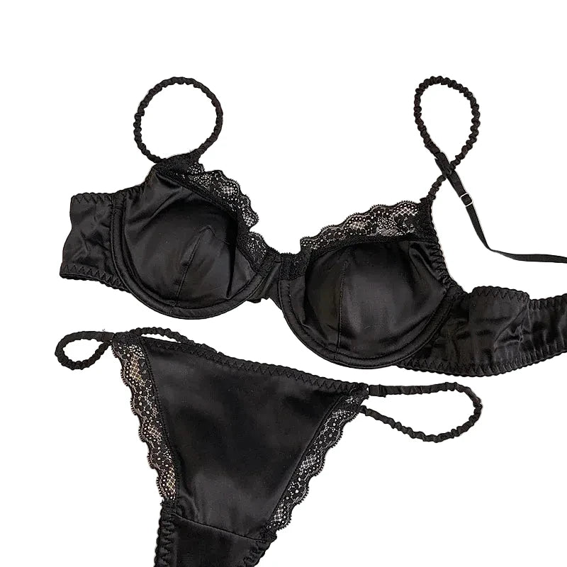 Sleek Black Satin-Finish Underwire Bra and Strappy Thong Set with Lace Trim