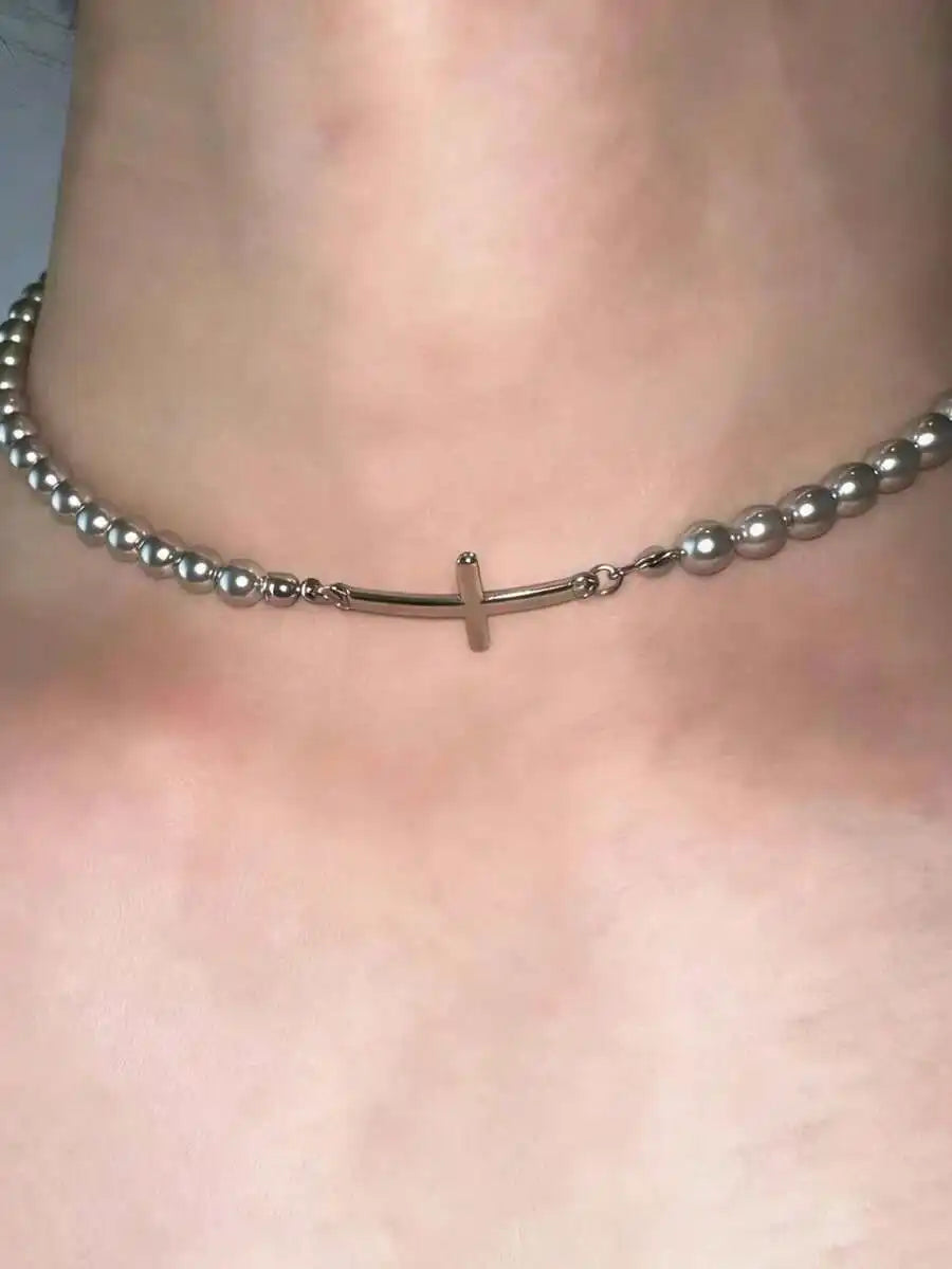 Layered Pearl Cross Choker Necklace for Gothic Dark Feminine Fashion