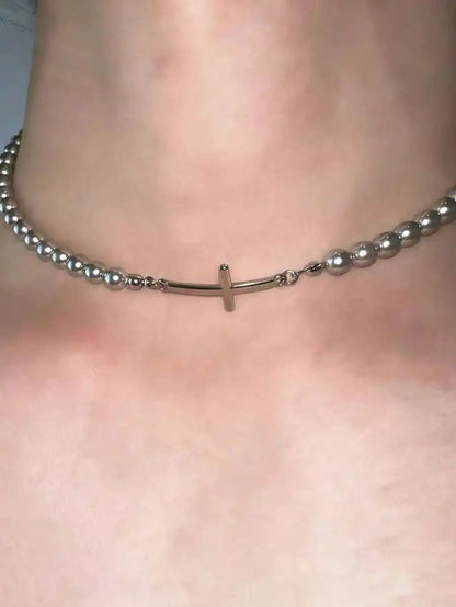 Layered Pearl Cross Choker Necklace for Gothic Dark Feminine Fashion