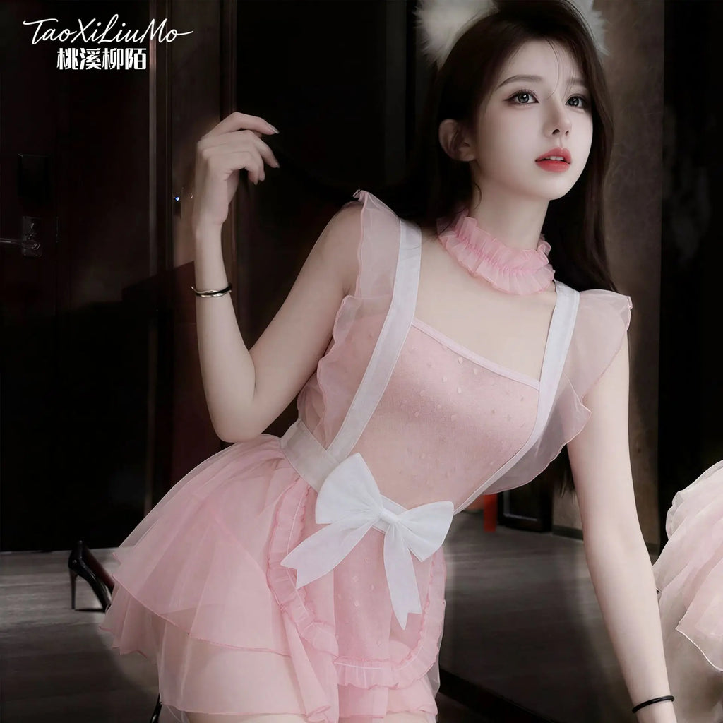 Playful Pink Sheer Mesh Mini Dress with Ruffled Straps and White Bow Detailing