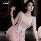 Playful Pink Sheer Mesh Mini Dress with Ruffled Straps and White Bow Detailing