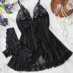Midnight Blue Lace-Bodice Chemise Set with Playful Ruffled Hem
