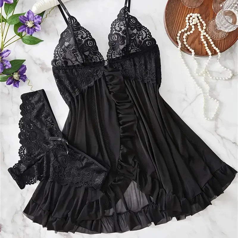 Midnight Blue Lace-Bodice Chemise Set with Playful Ruffled Hem