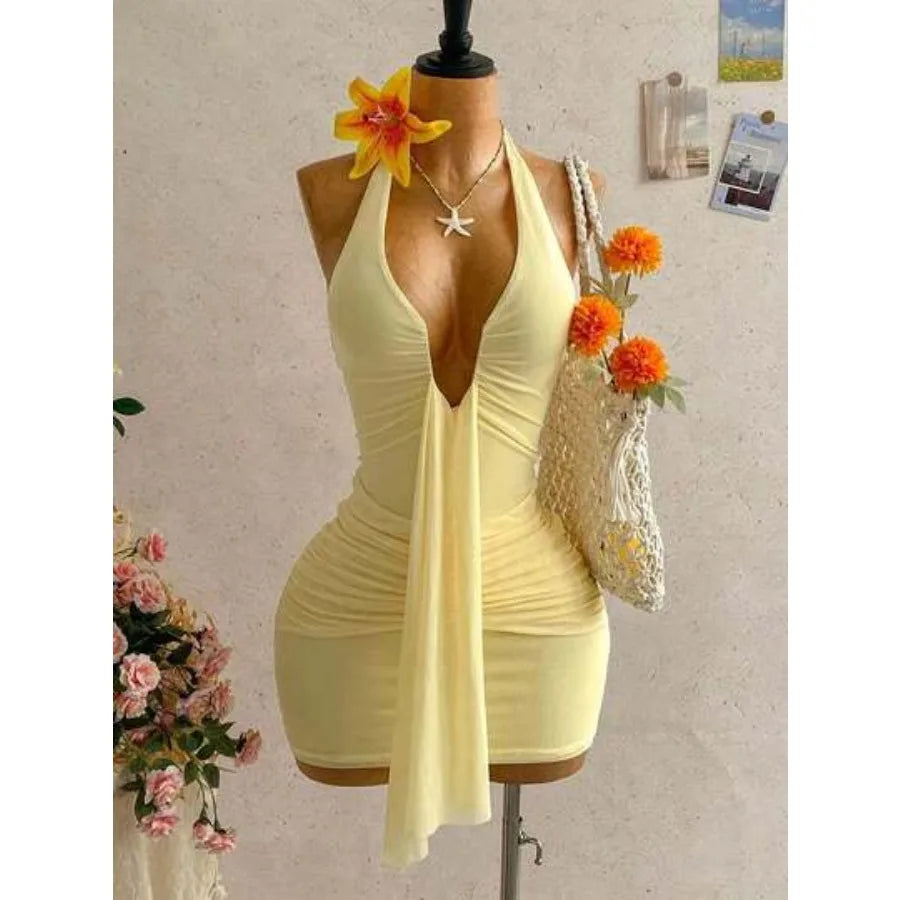 Ruched Halter Neck Mini Dress with Ribbon Tie Detail and Body Skimming Fit