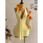 Ruched Halter Neck Mini Dress with Ribbon Tie Detail and Body Skimming Fit