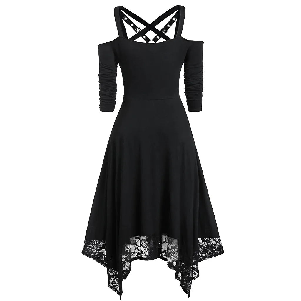Strappy Gothic Lace Hem Maxi Dress With Alternative Dark Romantic Aesthetic