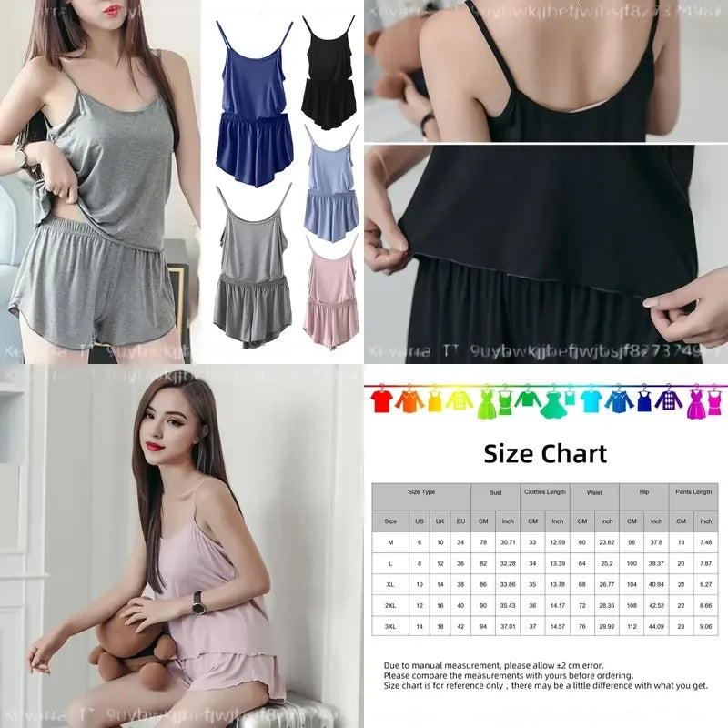 Women's Two-Piece Summer Pajama Set with Sleeveless Camisole Top and Matching Shorts, Solid-Color Lightweight Sleepwear Loungewear