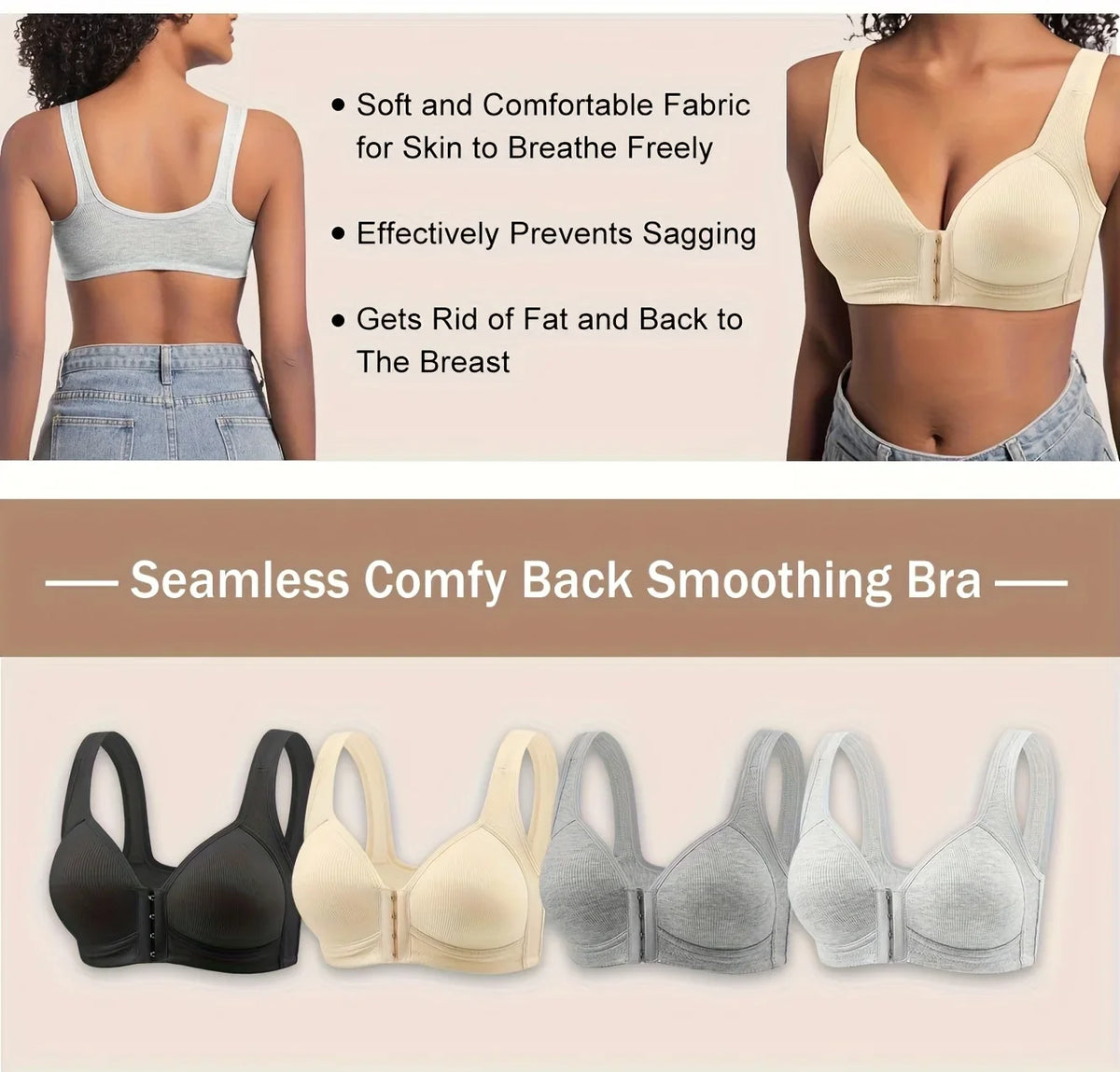 Ribbed Texture Front-Closure Wireless Bra with Wide Shoulder Straps