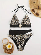 Geometric Pattern High-Waisted Bikini with Solid Navy Contrast Banding