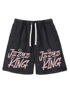 Men's Vintage Washed Cotton Shorts with Typography Graphic and Drawstring Relaxed Streetwear Fit