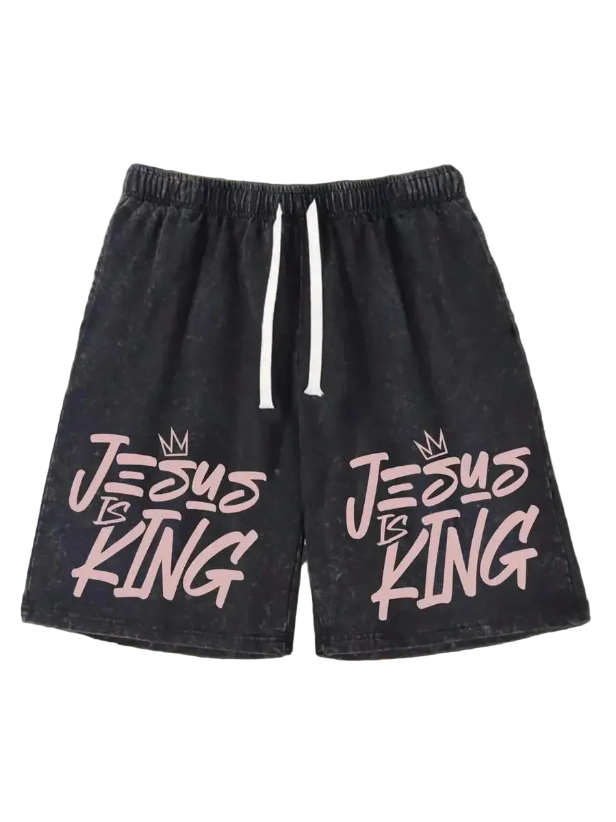 Men's Vintage Washed Cotton Shorts with Typography Graphic and Drawstring Relaxed Streetwear Fit