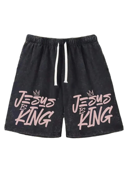 Men's Vintage Washed Cotton Shorts with Typography Graphic and Drawstring Relaxed Streetwear Fit