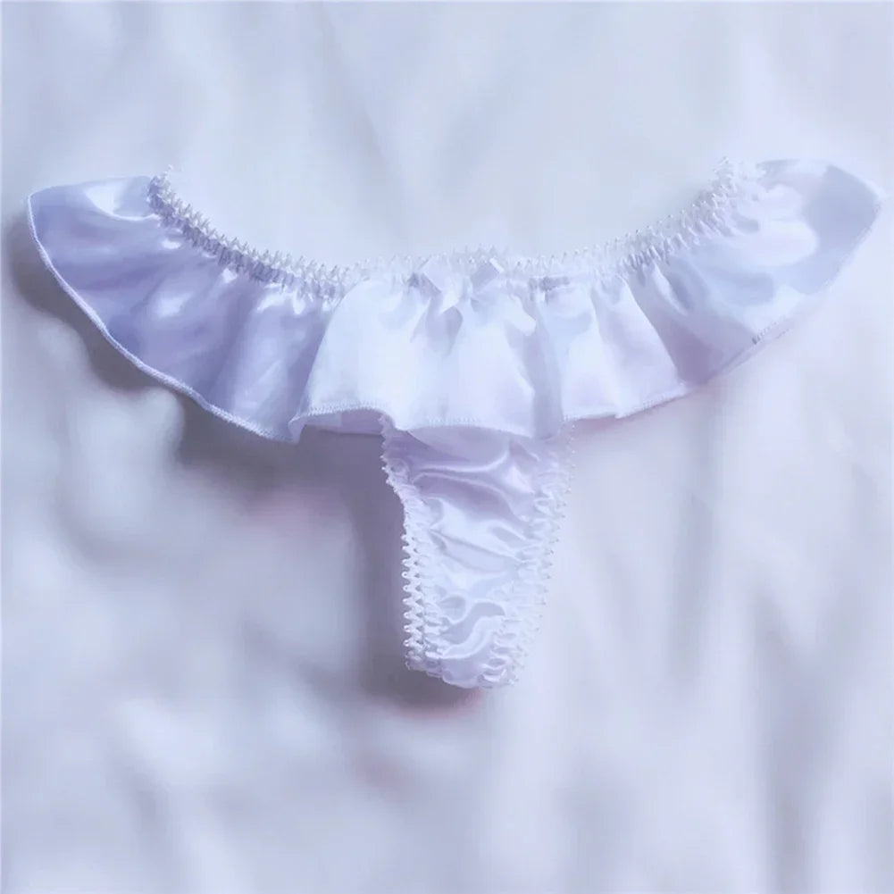 Romantic Glossy Pink Ruffled Thong Panty with Delicate String Back