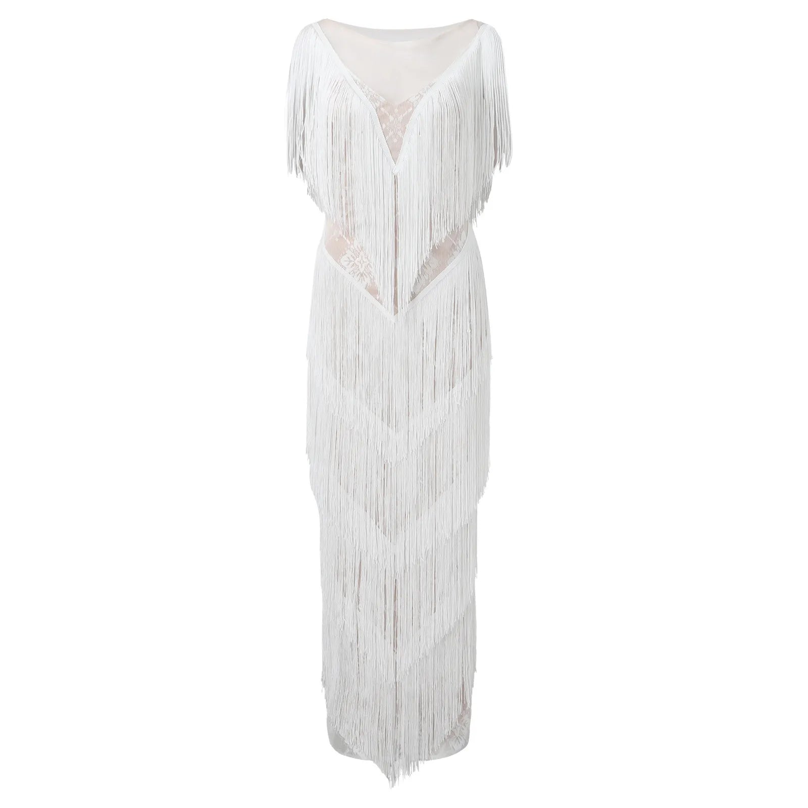 Sleeveless Fringe Maxi Dress with Deep V-Neck and Statement Movement