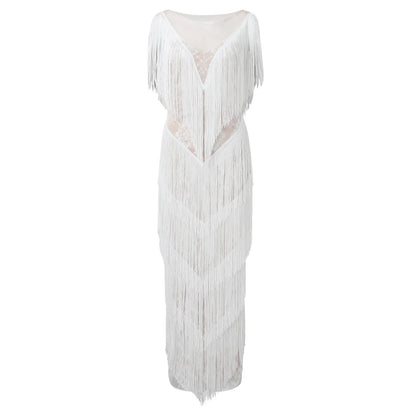 Sleeveless Fringe Maxi Dress with Deep V-Neck and Statement Movement