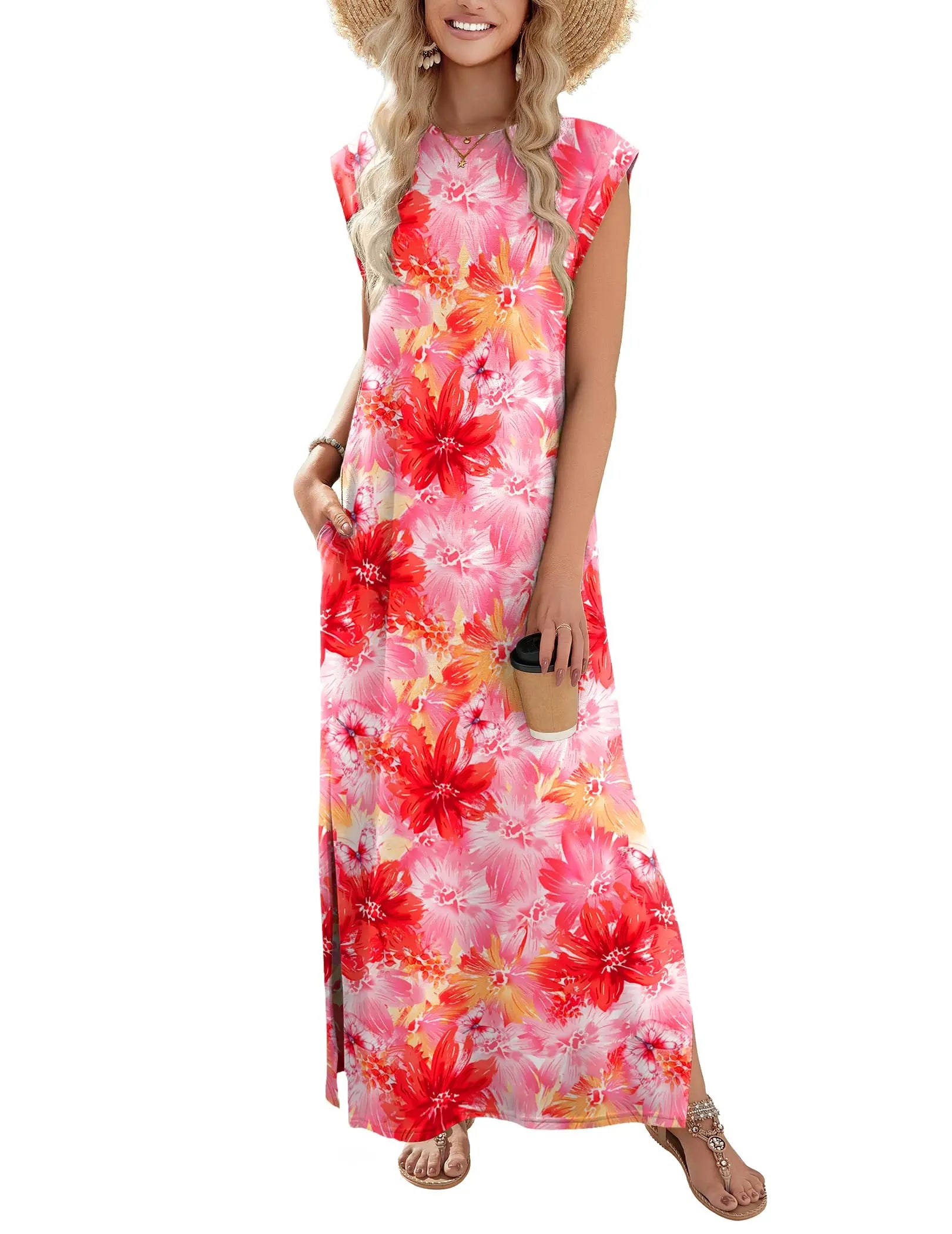 Loose Fit Sleeveless Floral Maxi Dress with Pockets for Casual Styling