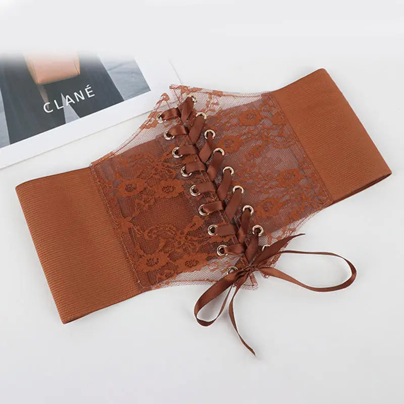 Floral Embroidered Lace-Up Waist Corset Belt with Structured Wide Fit