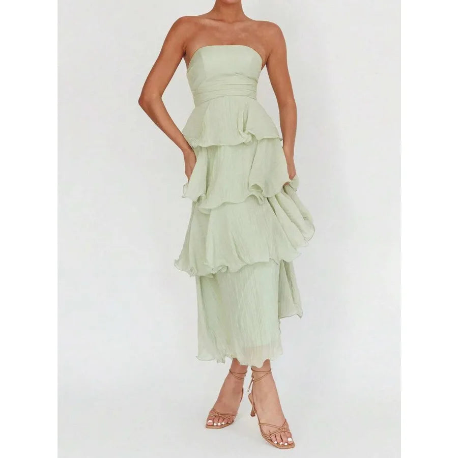 Strapless Tiered Maxi Dress with Ruffle Layers and Flowing Silhouette