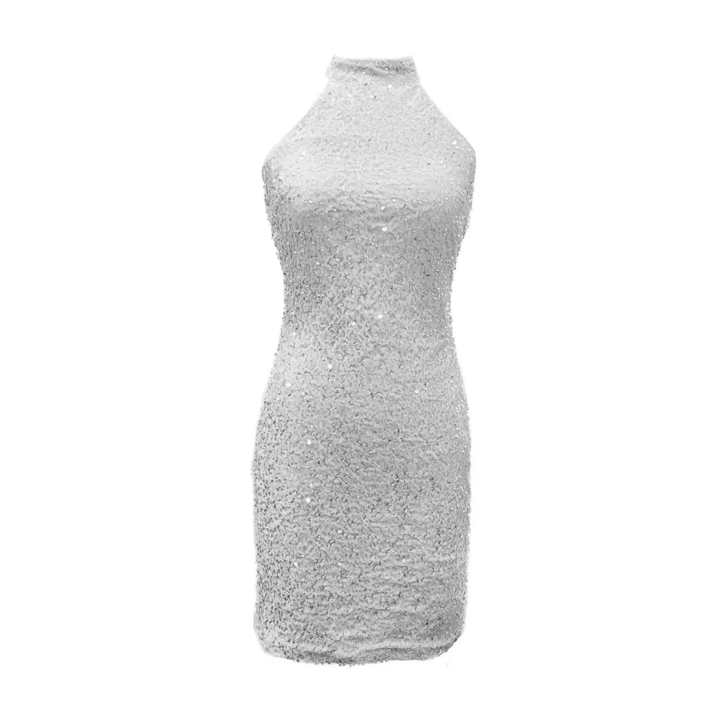 Halter Neck Glitter Bodycon Mini Dress with Ruched Fitted Silhouette