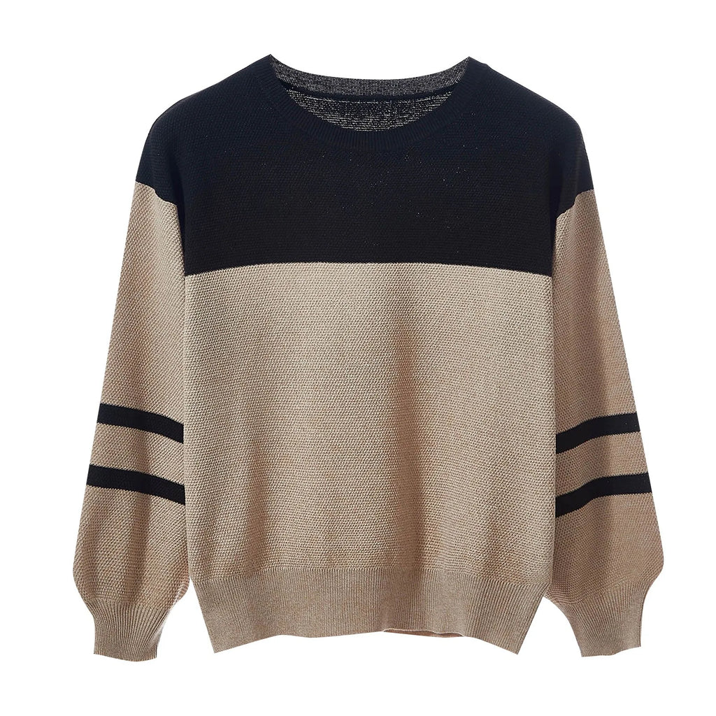 Women's Oversized Color Block Crew Neck Ribbed Knit Pullover Sweater