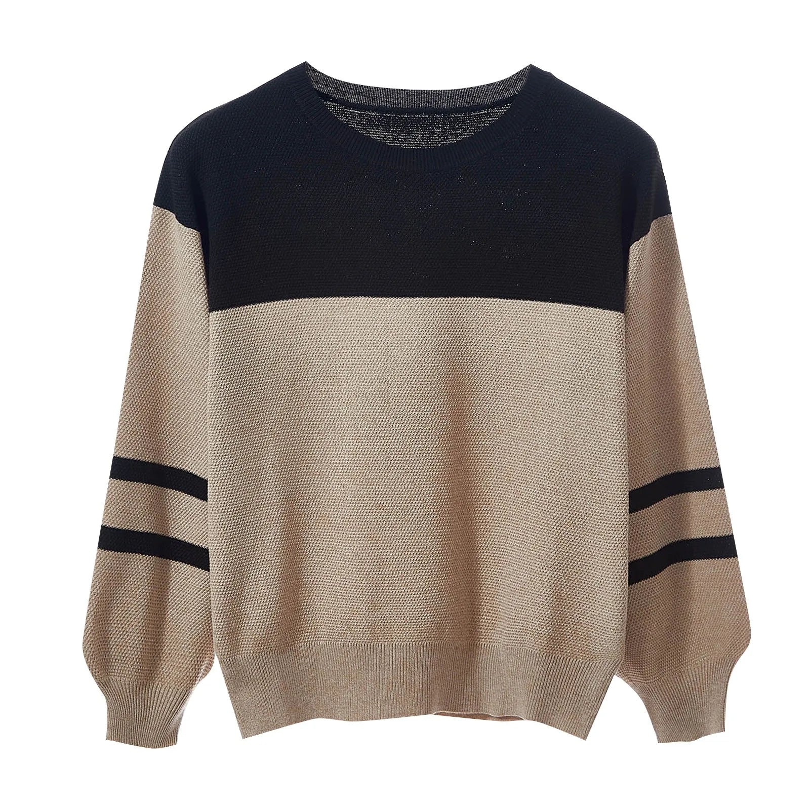 Women's Oversized Color Block Crew Neck Ribbed Knit Pullover Sweater