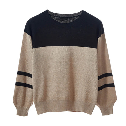 Women's Oversized Color Block Crew Neck Ribbed Knit Pullover Sweater