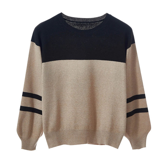 Women's Oversized Color Block Crew Neck Ribbed Knit Pullover Sweater