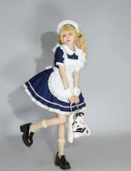 Classic Navy Blue and White Lolita Maid Dress with Ruffled Apron and Puff Sleeves