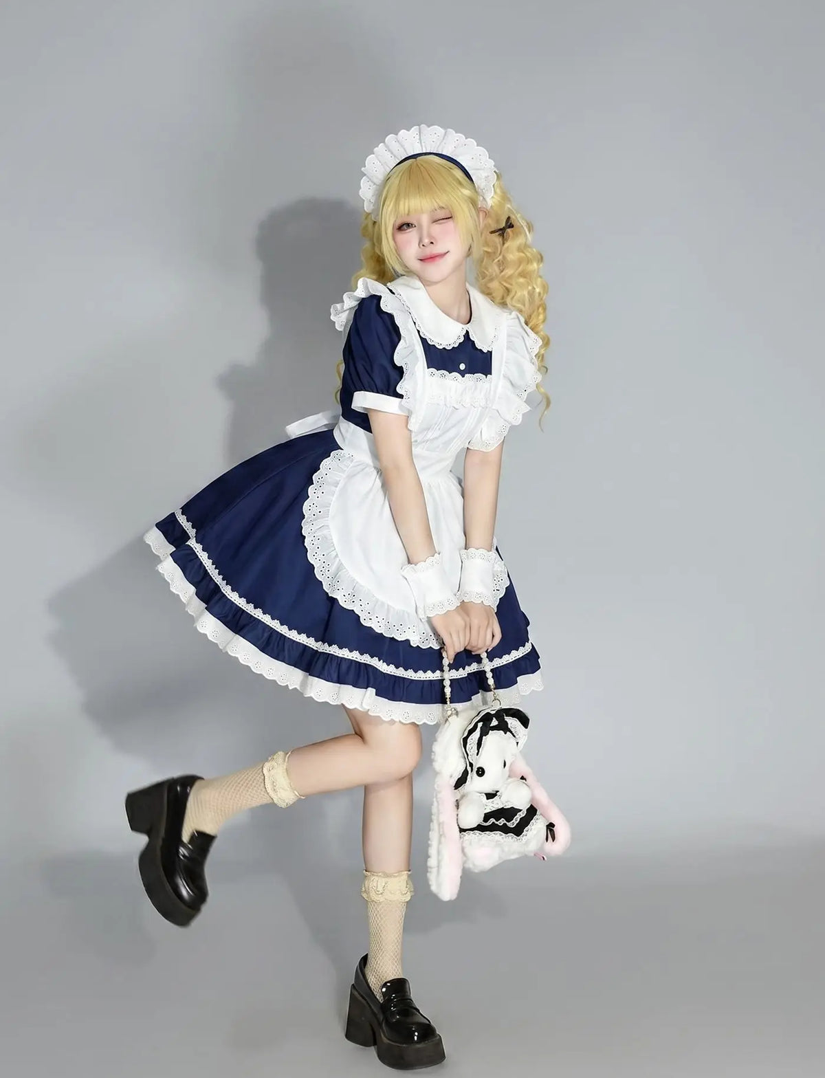 Classic Navy Blue and White Lolita Maid Dress with Ruffled Apron and Puff Sleeves