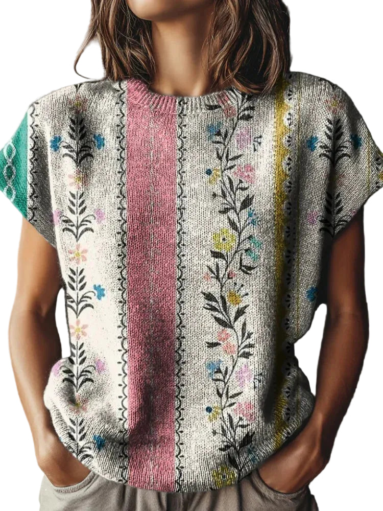 Women's Botanical Pattern Knit Vest with Crew Neck Relaxed Cap Sleeve Design
