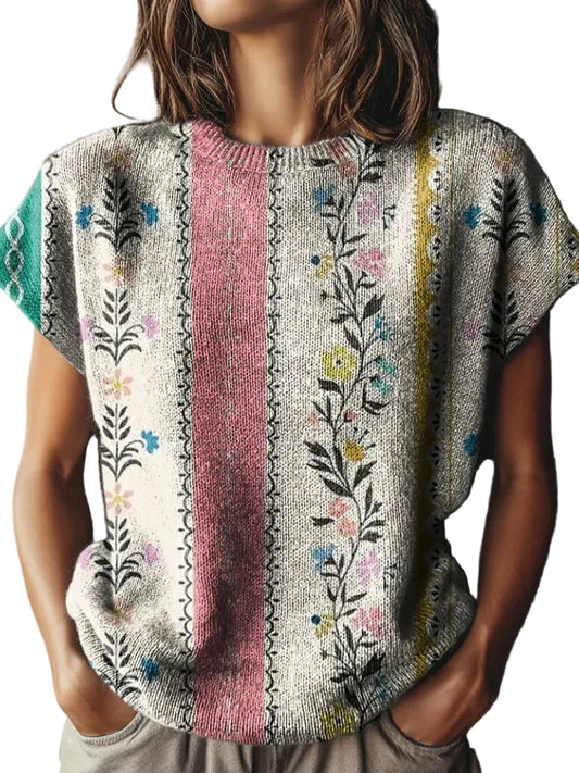 Women's Botanical Pattern Knit Vest with Crew Neck Relaxed Cap Sleeve Design