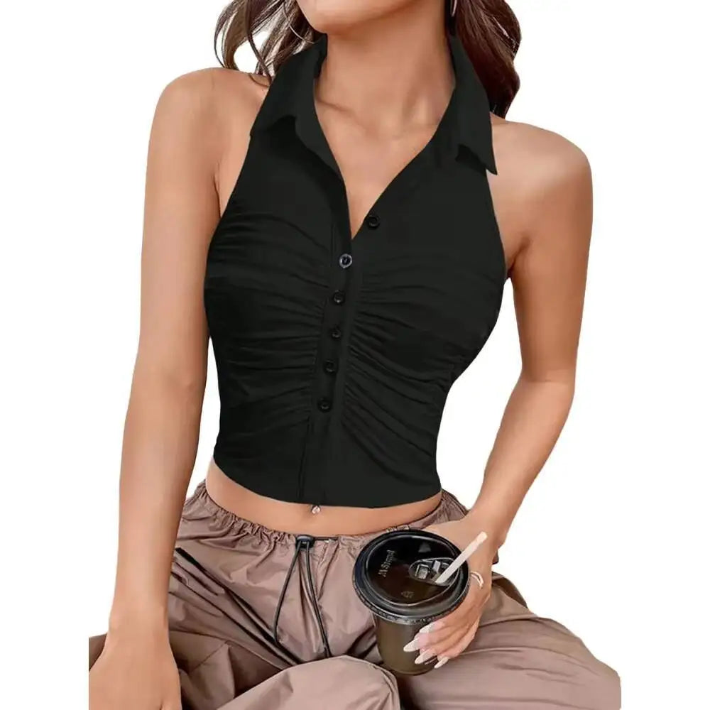 Women's Halter Neck Ruched Button Front Backless Fitted Crop Top for Everyday Summer Style