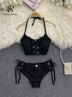 Y2K-Inspired Frayed Denim Halter Bikini Top and Lace-Up Short Set