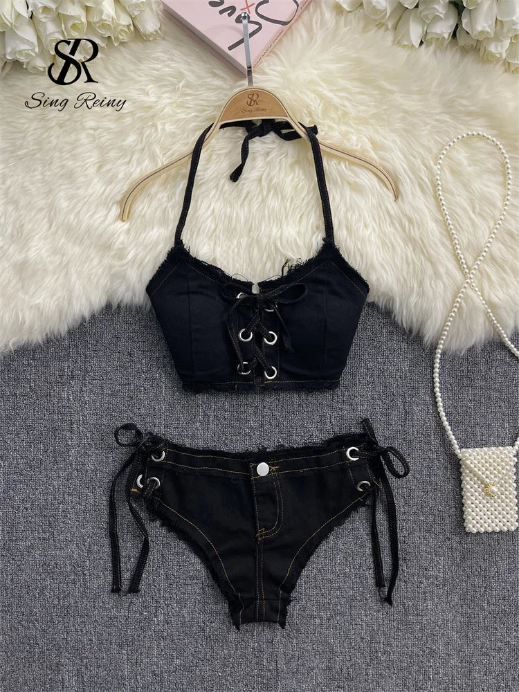 Y2K-Inspired Frayed Denim Halter Bikini Top and Lace-Up Short Set