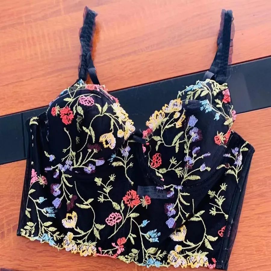 Colorful Floral Embroidery Longline Corset Bra and Panty Set
