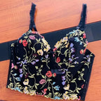 Colorful Floral Embroidery Longline Corset Bra and Panty Set