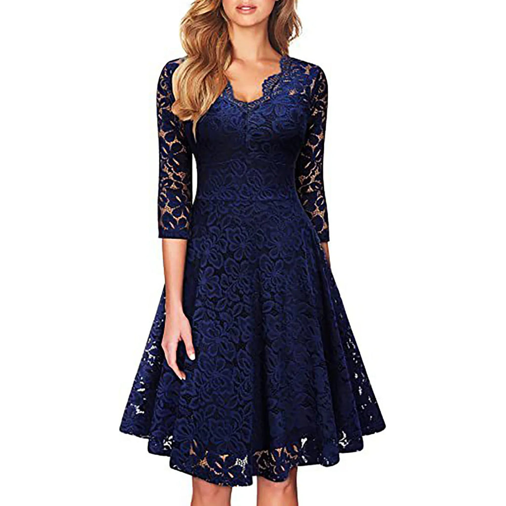 Deep V-Neck Lace Detail Fit and Flare Dress with Half Sleeves