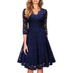 Deep V-Neck Lace Detail Fit and Flare Dress with Half Sleeves