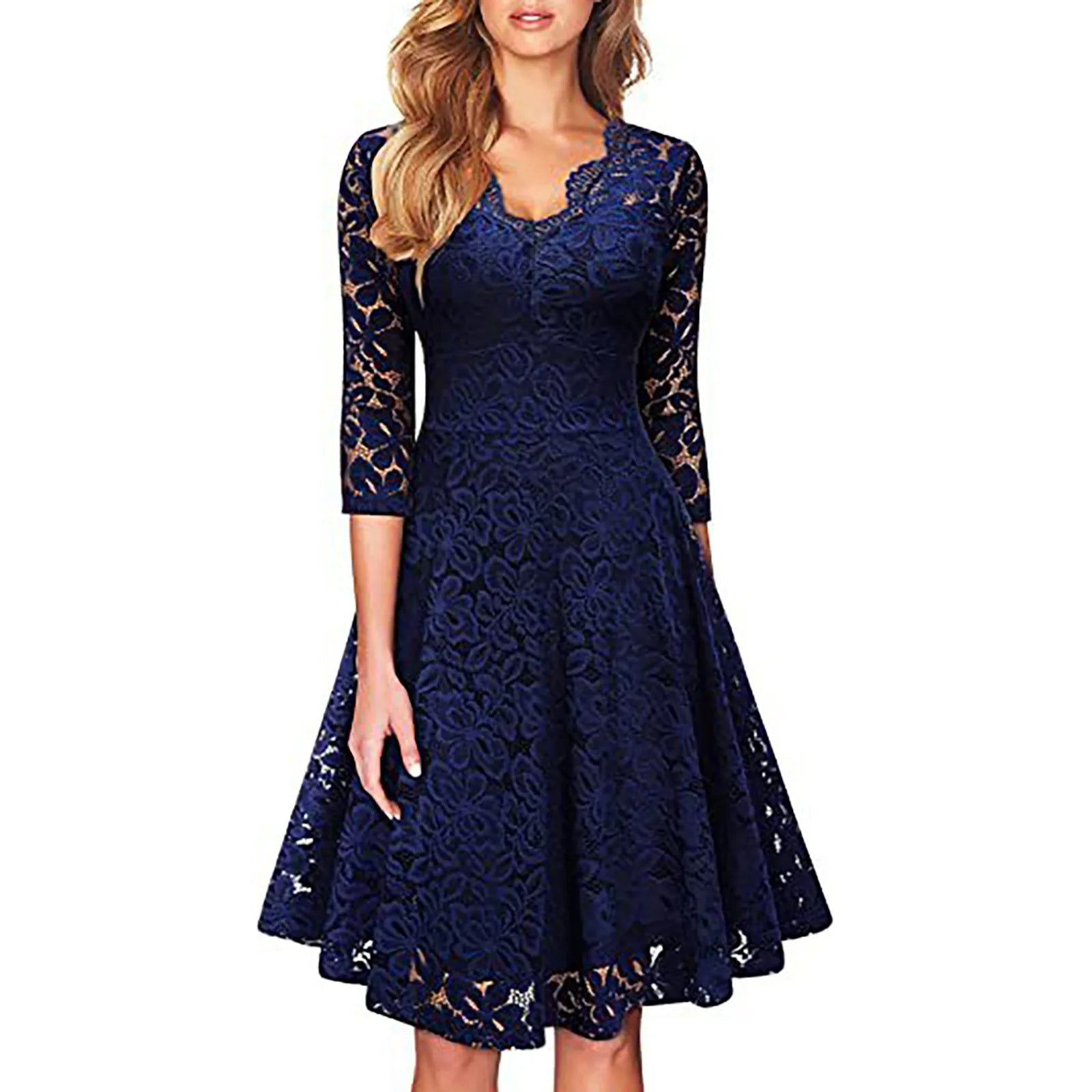 Deep V-Neck Lace Detail Fit and Flare Dress with Half Sleeves