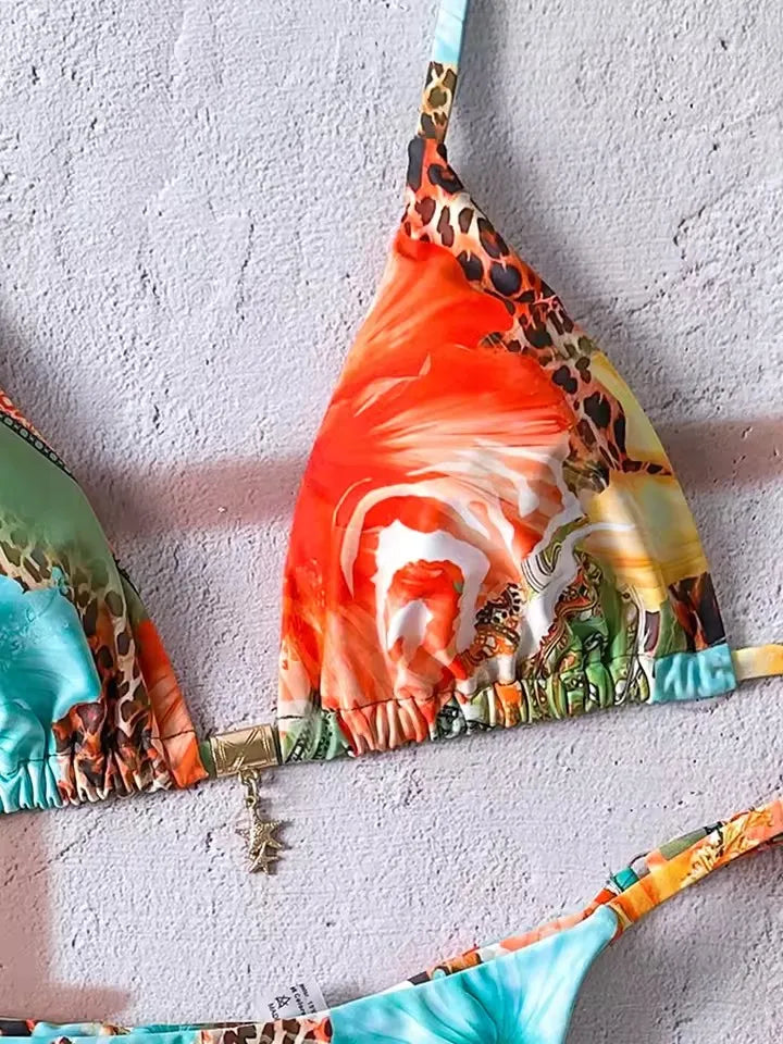 Vibrant Tropical Floral Print String Bikini Set with Sliding Triangle Top