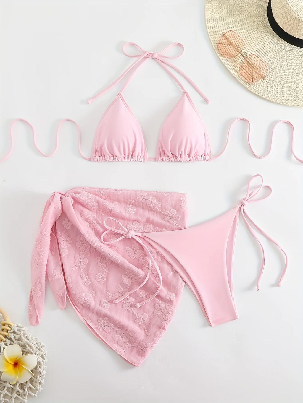 Bright Turquoise Three-Piece String Bikini Set with Matching Tie Sarong