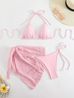 Bright Turquoise Three-Piece String Bikini Set with Matching Tie Sarong
