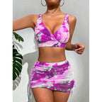 Blue Abstract Print Three-Piece Swimwear Set with Ruched Mini Skirt