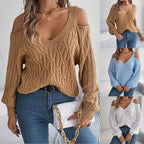 Women's Off Shoulder Cable Knit Sweater with Relaxed V Neck Silhouette