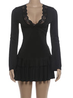 Deep Burgundy Long-Sleeve Mini Dress with Lace Trim and Pleated Skirt