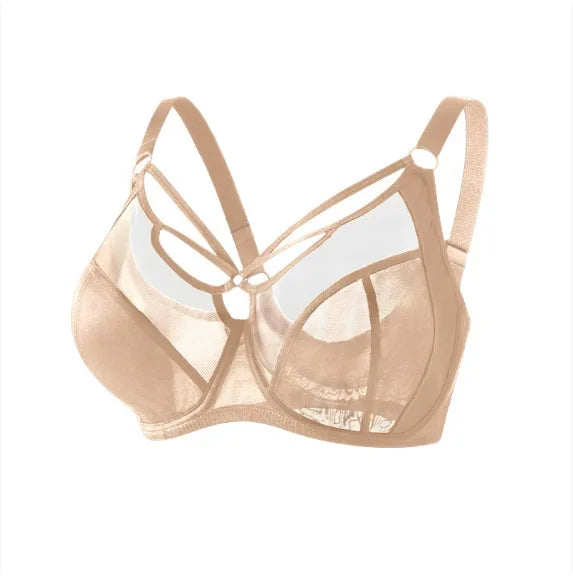 Elegant Sheer Mesh Underwire Minimizer Bra with Strappy Center Detailing